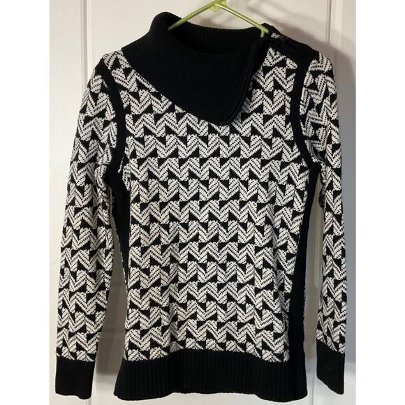 Talbots Black & White Split Neck Convertible Collar Wool Blend Sweater S - Picture 1 of 6